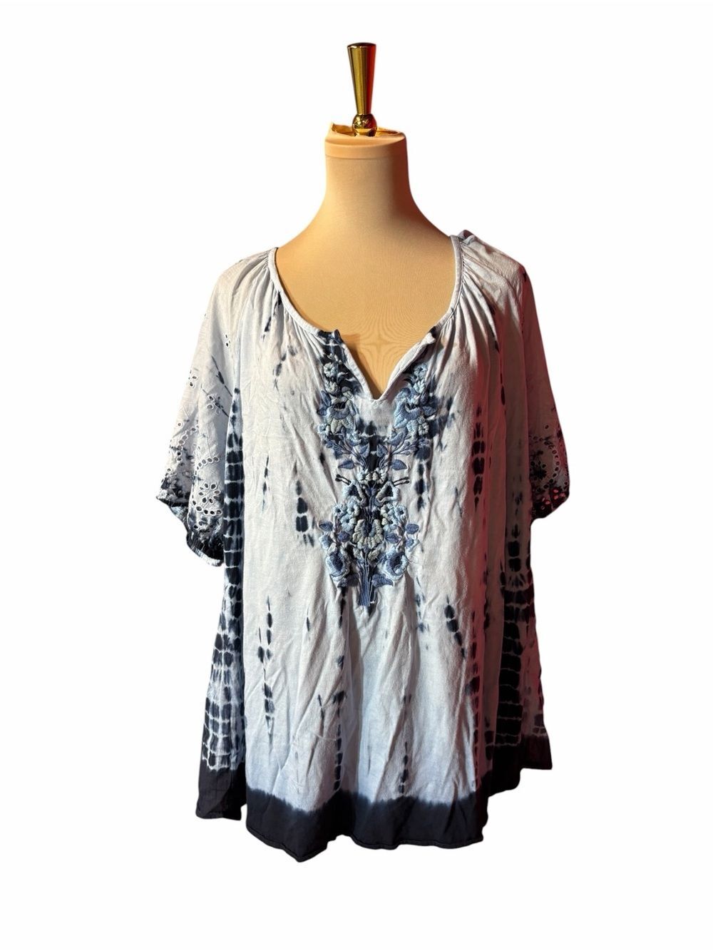 New Directions Blue Tie Dye Embroidered V-Neck Tunic Top Boho Plus Size 2X